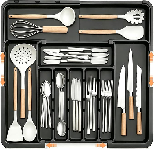 Spaclear Silverware Organizer Expandable Kitchen Utensil Drawer Organizer Large BPA Free Adjustable Cutlery Silverware Tray for Spoons Forks Knives Storage Divider for Kitchen Flatware 6-9 Slots Black
