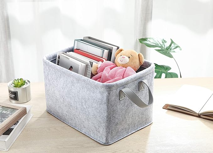 Collapsible Storage Bins Foldable Felt Fabric Storage Basket Organizer Boxes Containers with Handles PU Handles for Nursery Toys,Kids Room,Clothes,Towels,Magazine (PU-Light grey, 15.9L×11W×9.8H)