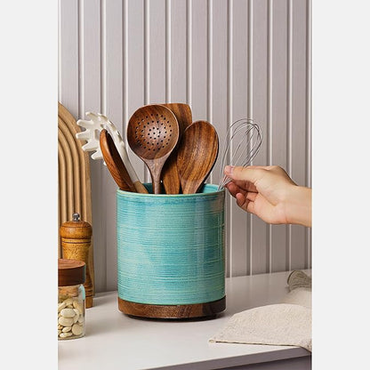 Utensil Holder, 360° Rotating Extra Large Ceramic Kitchen Utensil Holder for Countertop, Cooking Utensil Crocks for Counter with Rotatable Wooden Base, Farmhouse Kitchen Decor, Green