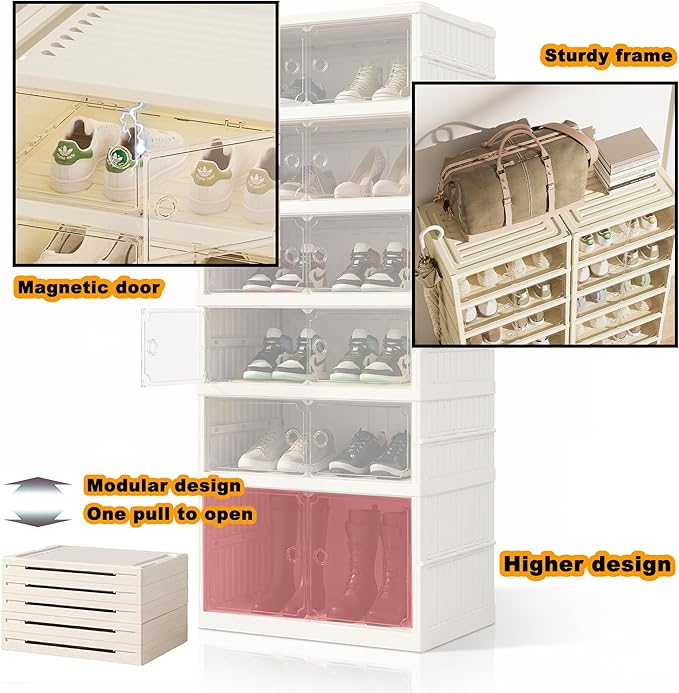 Folding Shoe Storage Cabinet with Clear Magnetic Doors, 6-Tier No-Assembly Shoe Rack Organizer, Stackable Large Capacity Shoe Box for Entryway, Closet, Fits Boots & Sneakers