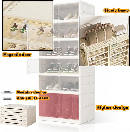 Folding Shoe Storage Cabinet with Clear Magnetic Doors, 6-Tier No-Assembly Shoe Rack Organizer, Stackable Large Capacity Shoe Box for Entryway, Closet, Fits Boots & Sneakers