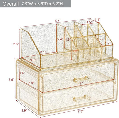 Ikee Design Acrylic Makeup Organizer with 2 Drawers Removable Top Lipstick Holders, Cosmetics Organizer for Skincare, Accessories, Lip Gloss for Vanity or Bathroom Countertop, Gold Glitter