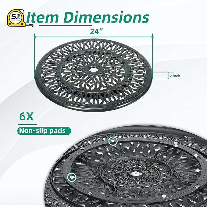 VIVIJASON 24" Cast Aluminum Lazy Susan Turntable, 360° Rotating Display Tray with Silent Bearings, Round Table Top Swivel Serving Plate with Umbrella Hole for Outdoor Dining Table, Elizabeth Style