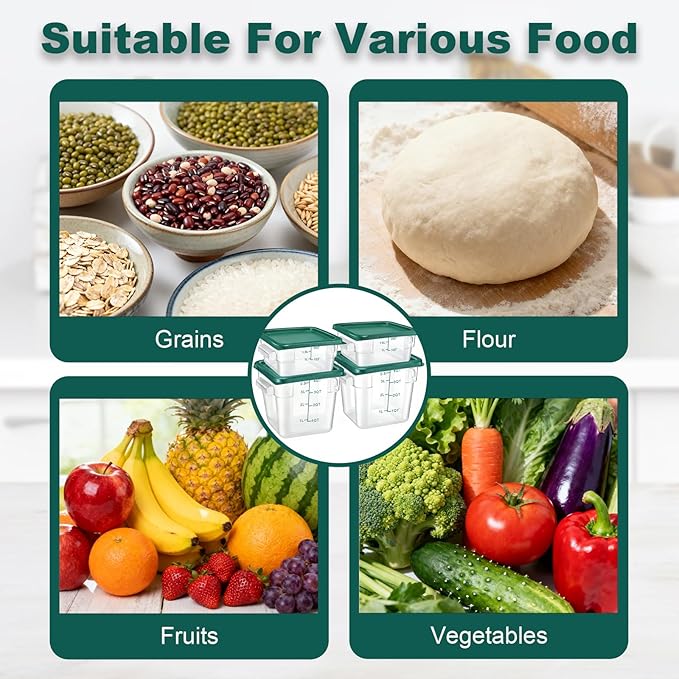 4 Pack 2QT & 4QT Food Storage Containers with Green Lids, Clear Square Restaurant Commercial Food Storage Containers with Handle and Scale, Marinating Container Dough Rising Bucket for Home & Dining