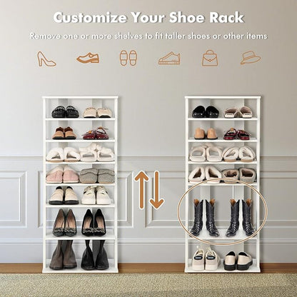 COSTWAY 7 Tiers Shoe Rack, Double Rows Vertical Tall Narrow Patented Shoe Organizer, Free Standing Shoe Rack for Small Space, Entryway, Closet, Living Room, Bedroom (White)