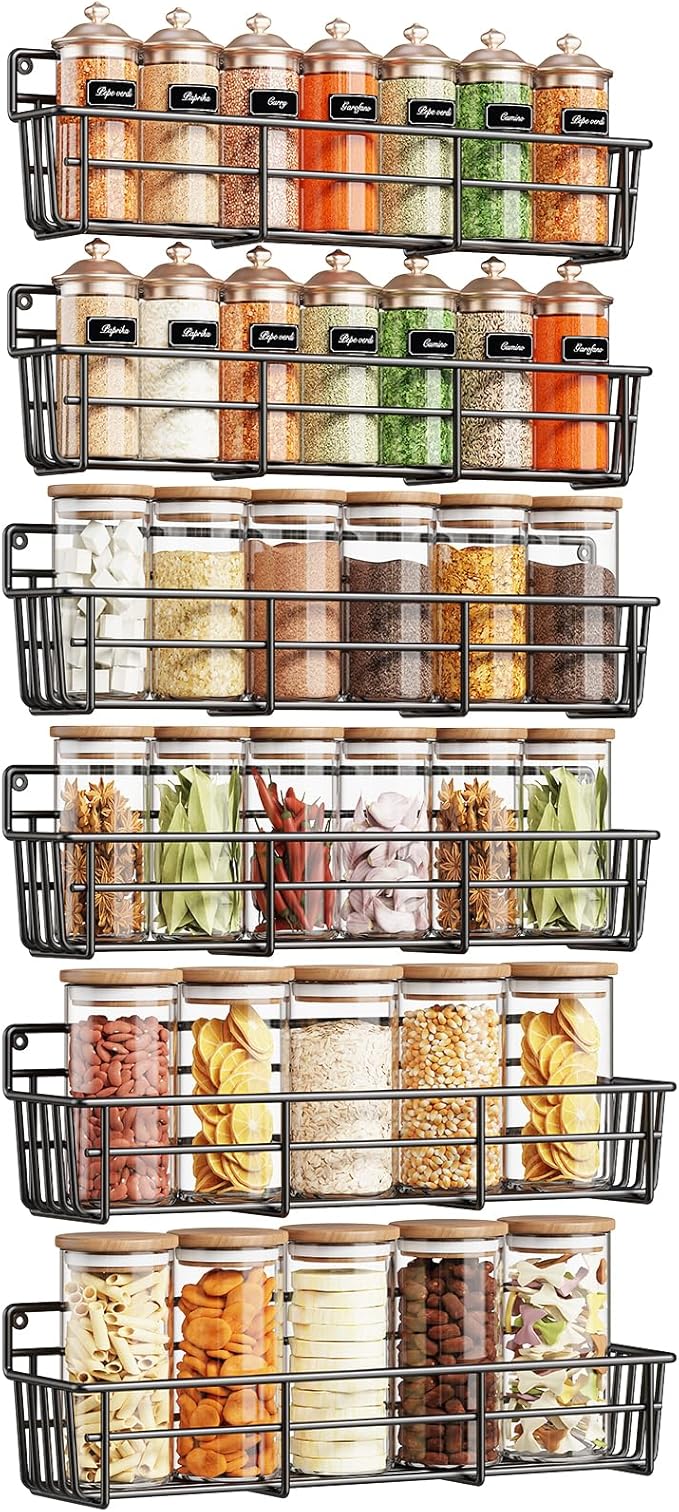 Mystozer Spice Rack wall mounted 6 Pack, Space-Saving Spice Organizer for Spice Jars and Seasonings,Screw or Adhesive Hanging Spice Rack Organizer for Your Kitchen Cabinet,or Pantry Door