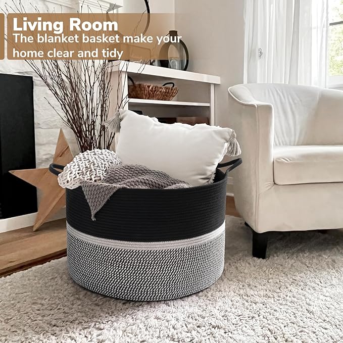 CHICVITA Extra Large Laundry Basket, Woven Rope Blanket Basket for Towels, Clothes, Toy Storage, Pillow Basket for Living Room, Family Room, 22 x 22 x 14 inches, Black
