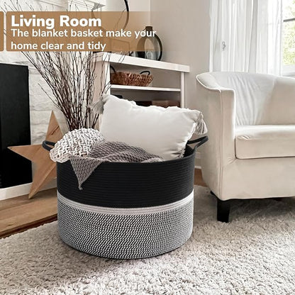 CHICVITA Extra Large Laundry Basket, Woven Rope Blanket Basket for Towels, Clothes, Toy Storage, Pillow Basket for Living Room, Family Room, 22 x 22 x 14 inches, Black