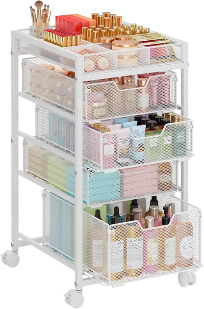 5-Tier Rolling Makeup Cart Organizer with 4 Drawers, Cosmetics Display with Dividers, Floor Skincare Storage with Wheels, Versatile Vanity Organizer for Nail Polish Perfume Brush Hair Tool, White