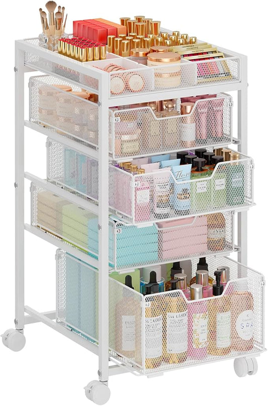 5-Tier Rolling Makeup Cart Organizer with 4 Drawers, Cosmetics Display with Dividers, Floor Skincare Storage with Wheels, Versatile Vanity Organizer for Nail Polish Perfume Brush Hair Tool, White
