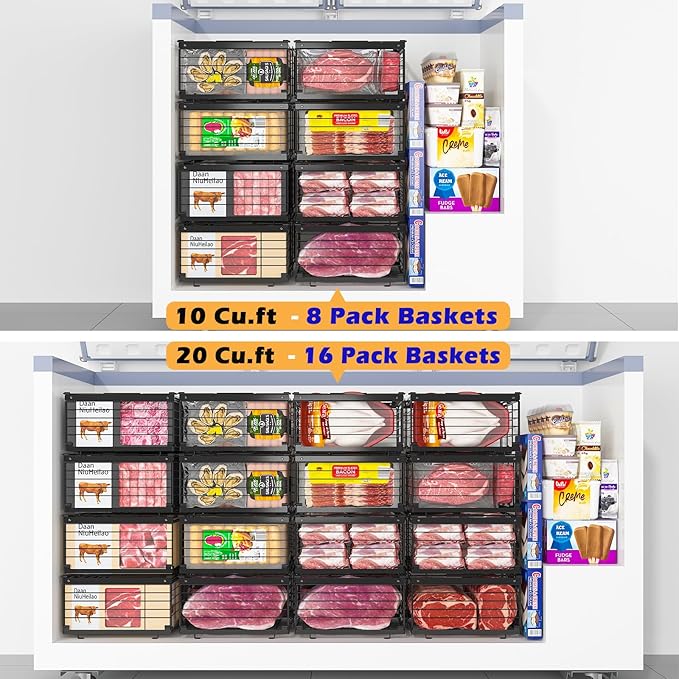NADAMOO Freezer Organizer Bins, 2 Packs Large Expandable Stackable Chest Freezer Containers with Handle, Metal Adjustable Storage Baskets for Fridge, Deep Freezer, Cabinet, Kitchen, Pantry - Black