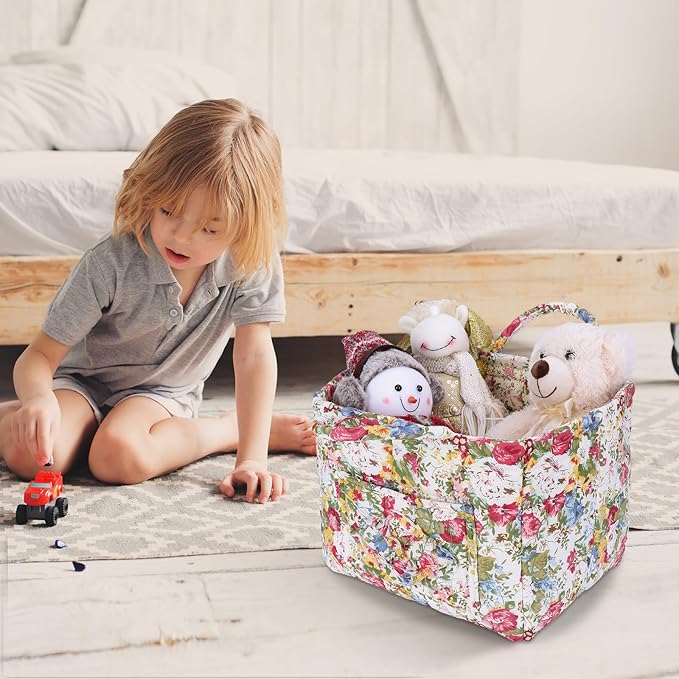 Storage Basket Boho Fabric Large Collapsible Floral Laundry Nursery Hamper Portable Folding Storage for Clothes Toys (Green)