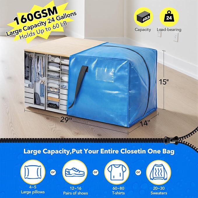 Moving Bags Heavy Duty,Extra Large Moving Bags for Travel/College Packing/Storage/Organization/Seasonal Clothes & Bedding Storage,Moving Supplies Bins,Compatible with Ikea Frakta Cart (SkyBlue,6Pcs)