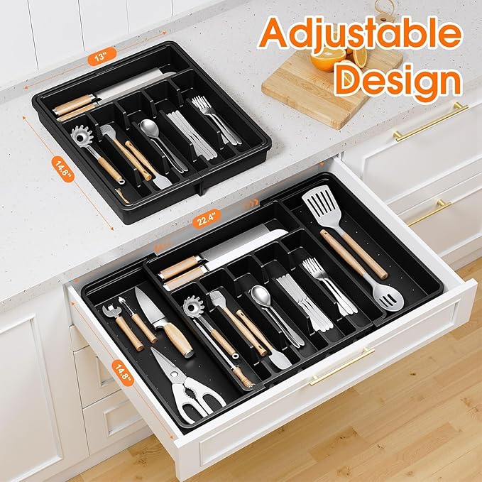 SpaceHacks Silverware Organizer，Adjustable & Expandable Utensil Drawer Organizer, BPA Free Utensil Holder, Cutlery Tray for Forks, Spoons, Knives in Kitchen, Large, Black