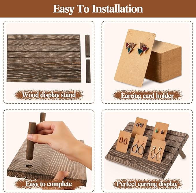 Marsui 62 Pcs Wood Earring Display Stand Earring Card Display 2 Sets of Holder with Cards Jewelry Stands for Selling