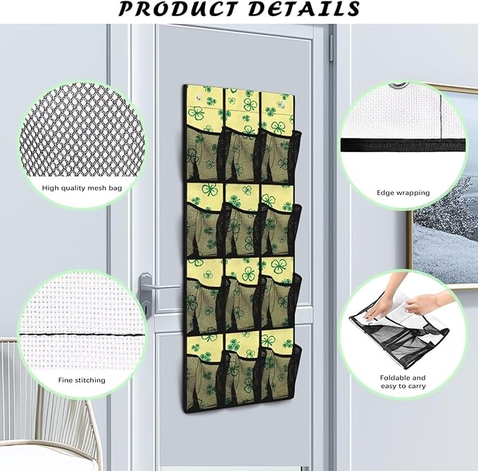 Space-Saving 12-Pocket Behind The Door Organizer, Waterproof Oxford Cloth Lightweight and Perfect for Bathroom Closet or Bedroom Use, Lucky Three Leaves