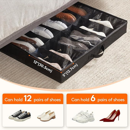 Lifewit Under Bed Shoe Storage Organizer 2 Pack(12 Shoes Cells+4 Boots Cells), 4.3 Inches Profile Fabric Shoes Container Box with Clear Cover, Foldable Storage Bag with 2 Handles, Fits 20 to 32 Pairs