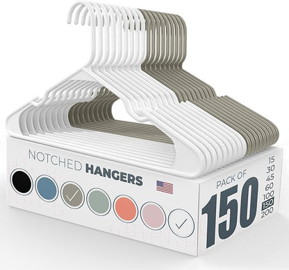 Plastic Hangers 100+ Pack (150 Count) – Made in The USA – 6lb Capacity Standard Clothes Hangers with Notches and Reinforced Edges for Dresses, Shirts, Pants, and Jackets – White & Gray