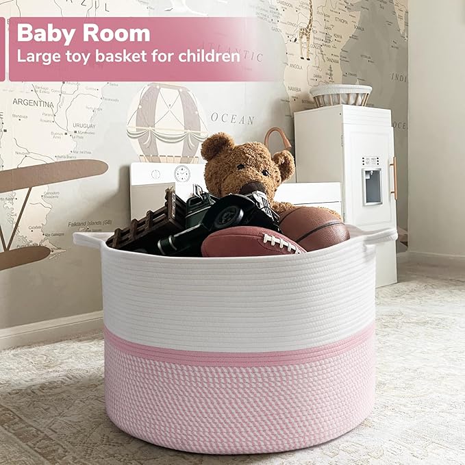 CHICVITA Extra Large Cotton Rope Woven Basket, XXL Throw Blanket Storage Basket with Handles, Pink Decorative Clothes Hamper Laundry Hamper - 22" x 22" x 14"