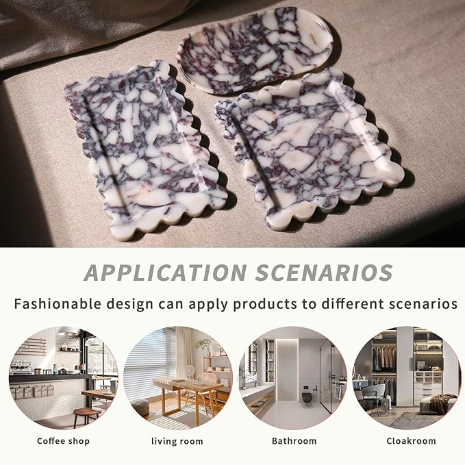 Natural 100% Marble Vanity Tray Luxury Scalloped Marble Storage Square Rectangle Tray for Home Decor Stone Tray for Bathroom Kitchen Candle Key (Rectangle-11.8 * 7.4-Calacatta Viola)