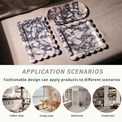 Natural 100% Marble Vanity Tray Luxury Scalloped Marble Storage Square Rectangle Tray for Home Decor Stone Tray for Bathroom Kitchen Candle Key (Rectangle-11.8 * 7.4-Calacatta Viola)