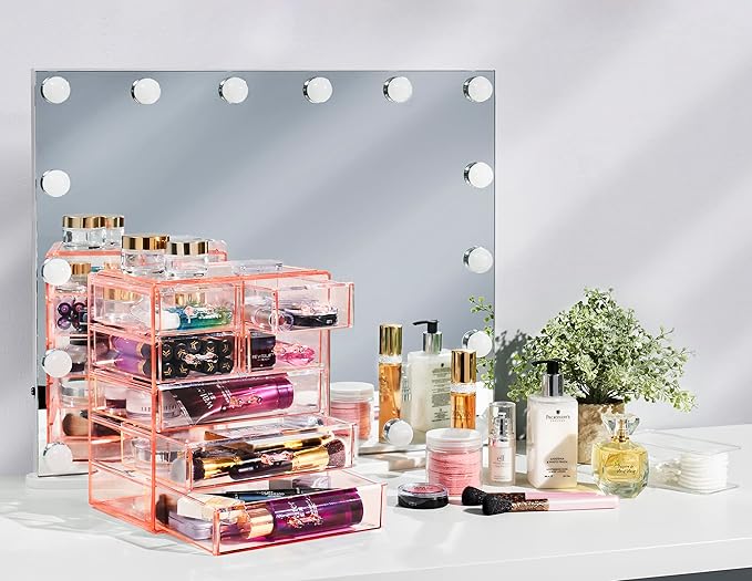 Sorbus Acrylic Makeup Organizer Set, 7-Drawer Vanity & Countertop Cosmetic Storage with Small & Wide Drawers, Pink Makeup Storage for Brushes, Lipsticks, Jewelry – Holiday Gift for Women & Teens