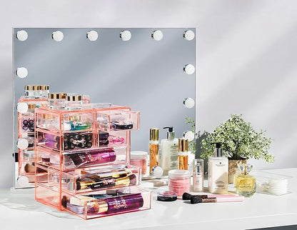 Sorbus Acrylic Makeup Organizer Set, 7-Drawer Vanity & Countertop Cosmetic Storage with Small & Wide Drawers, Pink Makeup Storage for Brushes, Lipsticks, Jewelry – Holiday Gift for Women & Teens