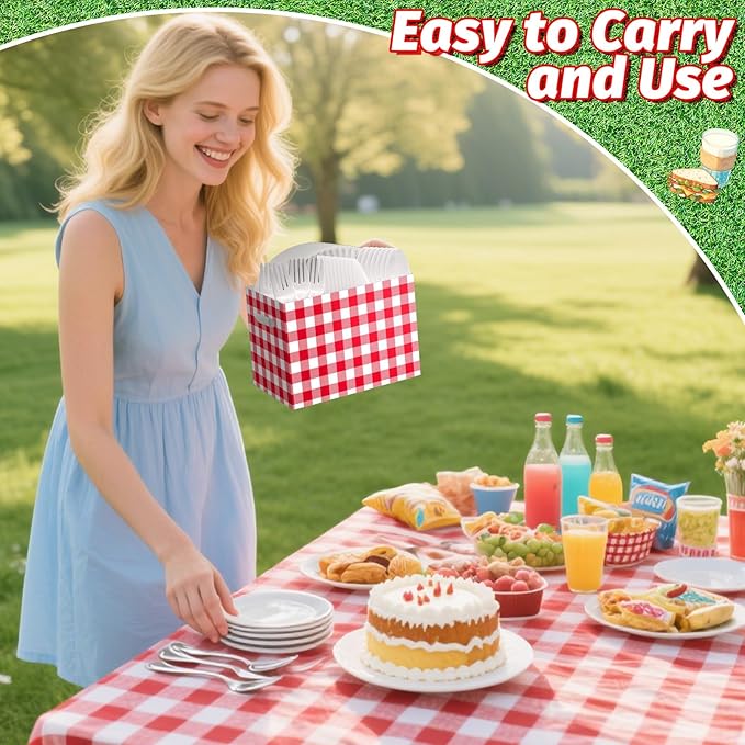 2PCS Red Gingham Utensil Holder Paper Utensil Caddy for Gingham Party Supplies Disposable Cutlery Holder with Handles Party Favors Cutlery Caddy for Red and White Checkered Birthday Decorations