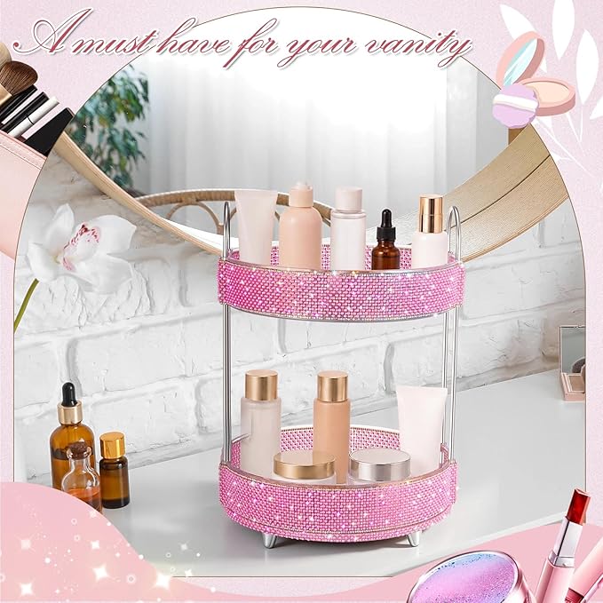 Honeydak 360 Rotating Perfume Organizer for Mother Day Nurse Day Rhinestone Bathroom Counter Organizer Makeup Holder Skincare and Perfume Storage for Cosmetic Countertop(2 Tiers,Pearl,Pink)