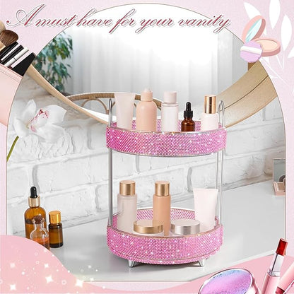 Honeydak 360 Rotating Perfume Organizer for Mother Day Nurse Day Rhinestone Bathroom Counter Organizer Makeup Holder Skincare and Perfume Storage for Cosmetic Countertop(2 Tiers,Pearl,Pink)