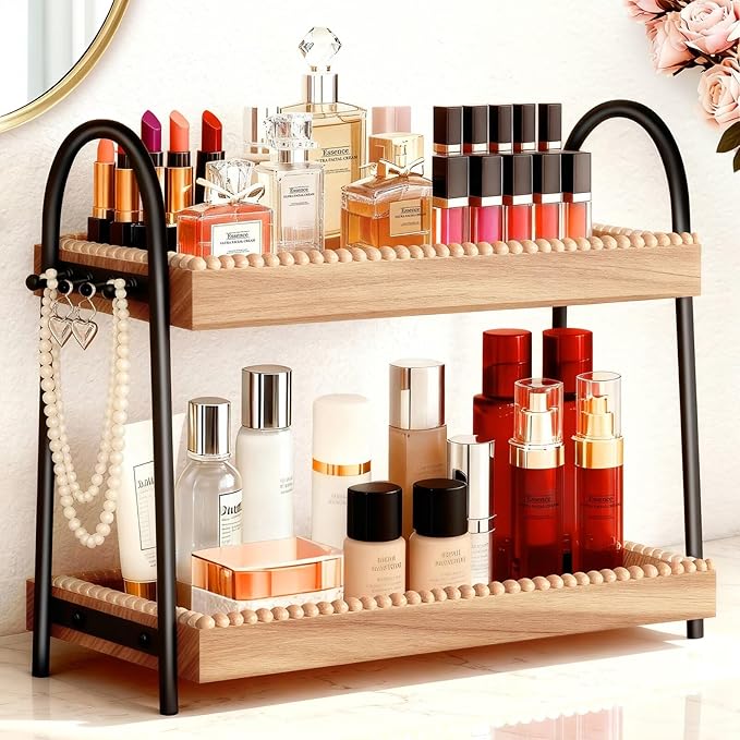 2-Tier Bathroom Countertop Organizer with 8 Hooks -Wooden Perfume & Makeup Storage Tray for Vanity Dresser, Farmhouse Skincare Organizer & Jewelry Holder for Kitchen Coffee Station