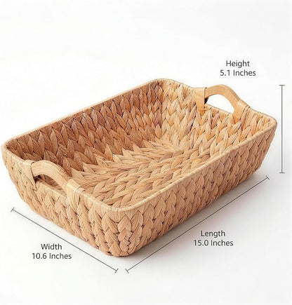 Water Hyacinth Wicker Storage Basket, Handwoven Rectangular Basket with Wooden Handles, Home Organization Decor Basket, Ideal Gift for Women