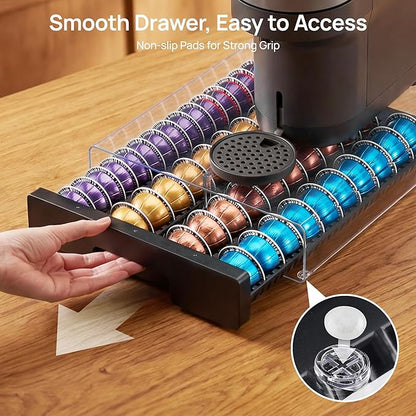 Vtopmart Coffee Pod Drawer Organizer for Nespresso Vertuo Pods, Holds 40 Large or 60 Small Capsules, Acrylic Coffee Pod Holder with Smooth Pull-Out, Anti-Slip Clear Storage