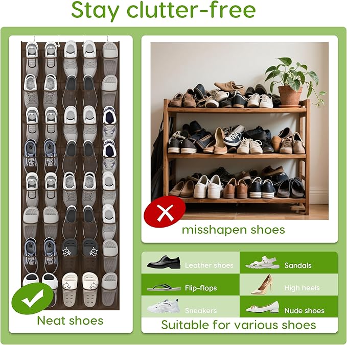 Over the Door Shoe Organizer with 40 Large Breathable Mesh Pockets, Space Saving Shoe Holder, Hanging Shoe Rack for Entryway Bedroom Closet Storage (Brown, 40 Pockets)