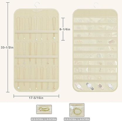 Hanging Jewelry Organizer Storage, 40 Pockets 36 Hooks Necklace Earring Bracelet Ring Organizer, Double - Sided Design, Beige