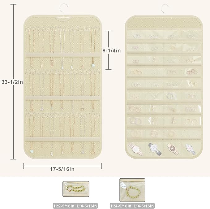 2-Pack Hanging Jewelry Organizer Storage, 40 Pockets 36 Hooks Necklace Earring Bracelet Ring Organizer, Double - Sided Design, Beige