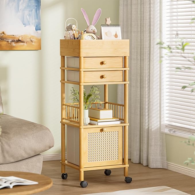 Amazer Bamboo Makeup Organizer Cart with 3 Drawers, Floor Skin Care Storage for Bathroom Bedroom, Rolling Vanity Organizer Cart for Cosmetic, Nail Polish, Perfume and Hair Tools