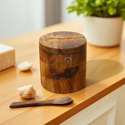 Handcrafted Wooden Salt Box with Lid & Spoon – Rustic Salt Cellar Storage Keeper for Kitchen