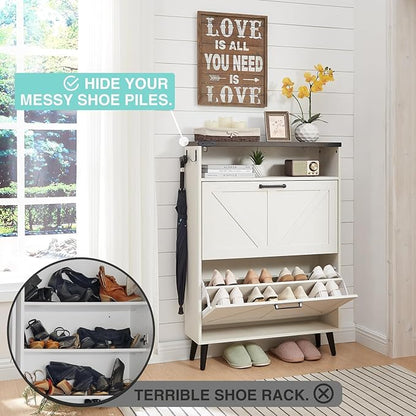 Barnyatoh Shoe Storage Cabinet,Farmhouse Shoe Organizer with 2 Flip Drawers & Barn Door Design,Freestanding Hidden Slim Narrow Shoe Rack Cabinet with Open Storage for Entryway, Foyer,Antique White