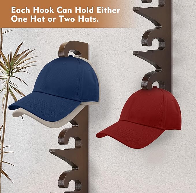 Hat Rack Hats Organizer for Baseball Caps Wood Cap Storage Hat Hooks for Wall Baseball Hat Storage Organizer Hat Display Up to 20 Hats for Closet Wall, Set of 2