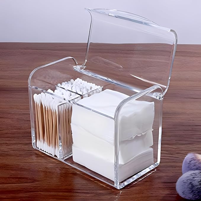 Sooyee Qtip Holder Dispenser for Cotton Ball Swab, Cotton Round Pads, Floss,3 Compartment Plastic Apothecary Jars,Bathroom Organization and Storage,Vanity Organizers and Storage,Clear