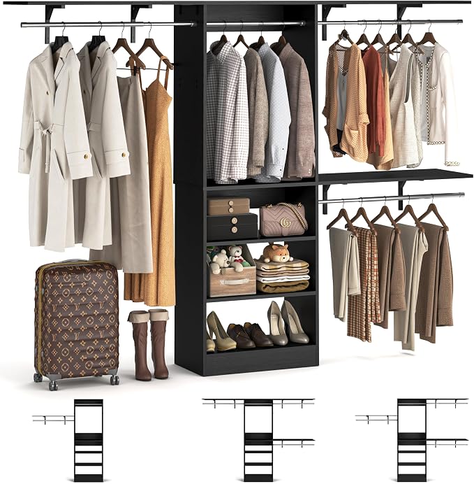 iSunirm 8FT Closet System with Shelves, 96'' Closet Organizer System with 3 Hanging Rods, Wall Mount Bedroom Wardrobe Walk-in Closet, Adjustable Cloth Garment Rack from 5 to 8FT (Cut to Fit), Black
