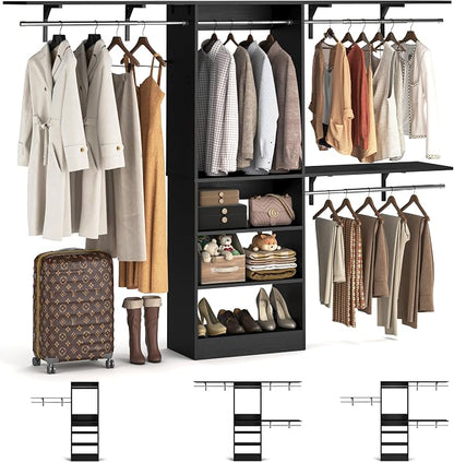 iSunirm 8FT Closet System with Shelves, 96'' Closet Organizer System with 3 Hanging Rods, Wall Mount Bedroom Wardrobe Walk-in Closet, Adjustable Cloth Garment Rack from 5 to 8FT (Cut to Fit), Black