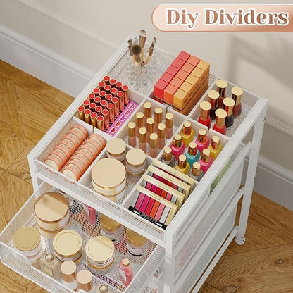 JKsmart Rolling Makeup Cart Organizer with 3 Drawers, Cosmetics Display with Dividers, Floor Skincare Storage with Wheels, Versatile Vanity Organizer for Nail Polish Perfume Brush Hair Tool, White