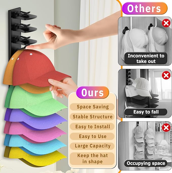 Volnamal Hat Organizer for Baseball Caps, 2 Pack Hold Up to 40 Hats, Hat Rack for Wall Space Saving, Hat Hanger w/Strong Adhesive Hat Storage Holder Display for Closet Door and Wall (Black)