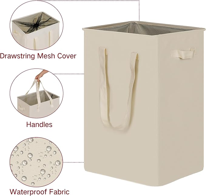 efluky Slim Laundry Basket, Narrow Laundry Hamper with Handles, Collapsible Dirty Clothes Hamper, Tall Laundry Bin for Laundry Room, Dorm and Bedroom, 90L Beige