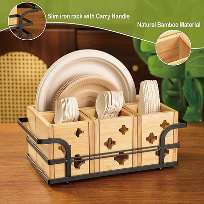 Silverware Caddy Wood Utensil Holder Silverware Utensil Caddy Cutlery Flatware Paper Plate Dispenser Organizer for Spoons Forks Plates Napkins (Star)