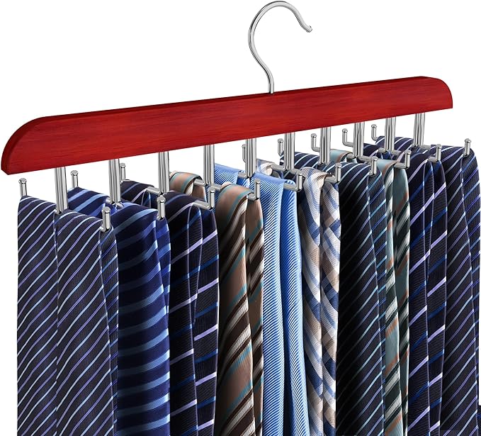 Tie Rack Hanger for Closet, 2 in 1 Belt Tie Hangers with 20 Folding Hooks, 360 Degree Rotating Wooden Tie Holder Organizer for Men Ties Belts Scarves Tank Tops Accessories, Walnut (1 Pack)