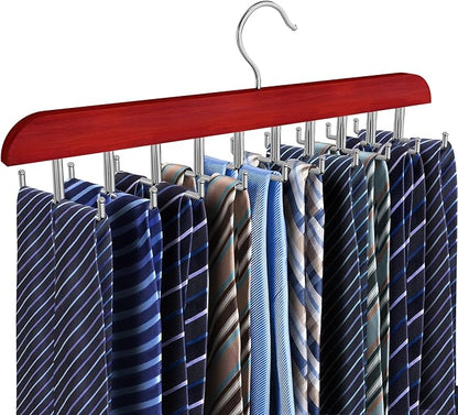 Tie Rack Hanger for Closet, 2 in 1 Belt Tie Hangers with 20 Folding Hooks, 360 Degree Rotating Wooden Tie Holder Organizer for Men Ties Belts Scarves Tank Tops Accessories, Walnut (1 Pack)