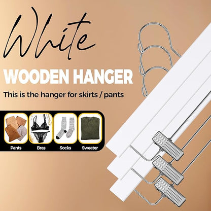 Quality Hangers Wooden Pants Hangers - 20-Pack Swivel Hook Cloth Hanger Set - Lotus Wood Skirt, Pant, Shorts and Slack Hangers with Adjustable Clip – White Clothing Hanger (White, 20)